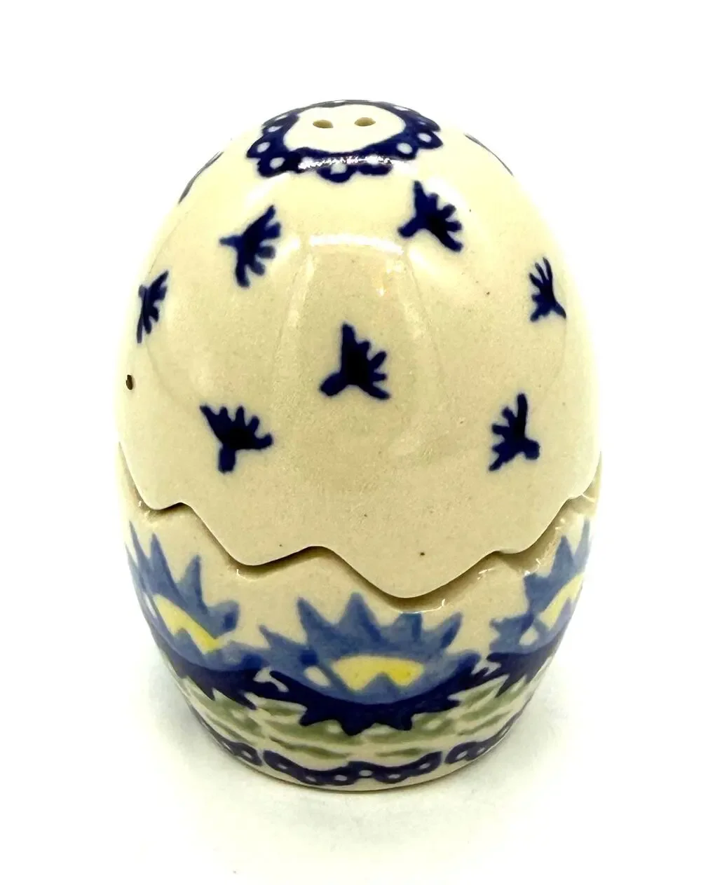 Polish Pottery Puzzle Egg Salt & Pepper Blue Floral Hand-made Boleslawiec Poland